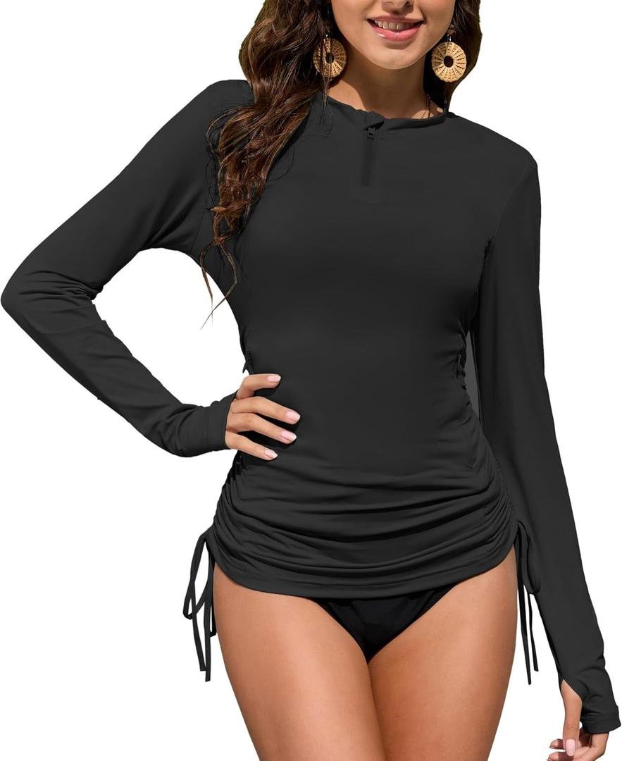 ZAFUL Women's Rash Guard Shirt UV Protection Long Sleeve Quarter‑Zip Side Pocket Drawstring Waist Pleats Breathable Sun Shirt (Black, M)