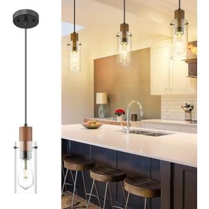 Emak Mini Black Pendant Lights, 1-Light Cylinder Pendant Light Fixtures with Clear Glass Shade, Modern Farmhouse Hanging Lights for Kitchen Island, Bedroom, Bathroom, Dining Room, PL120-BK