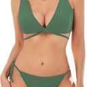ZAFUL Bikini Sets for Women Push Up Ribbed V Neck High Cut 2 Piece Swimsuits Wrap Criss Cross Bathing Suits (Green, S)