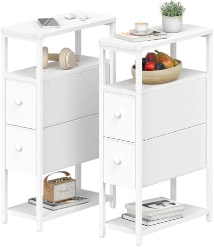 KLUVIS Narrow Nightstands Set 2 - Skinny Side Table Slim Night Stand for Small Space Bedroom Thin Bedsides Tables with 2 Drawers, White
