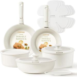 CAROTE Pots and Pans Set Non Stick, 15pcs Cookware Sets, Dishwasher/Oven/Fridge Safe, Kitchen Set, Space Saving Pots Set, Nonstick Set with Versatile Detachable Handle, Induction RV Set (Cream White 15pcs)