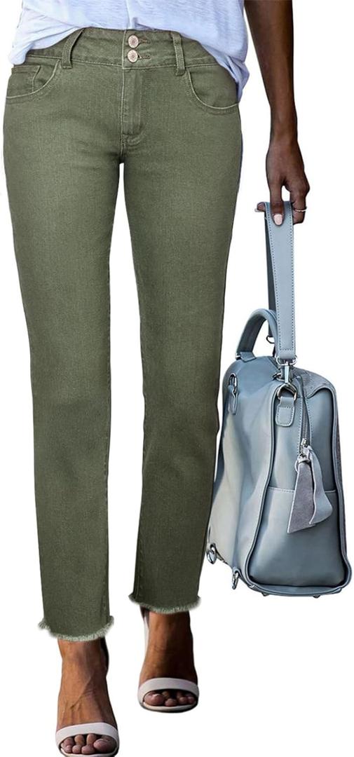 Sidefeel Women's High Waisted Jeans Stretchy Fashion Raw Hem Straight Leg Ankle Denim Pants with Pockets (18, Green)