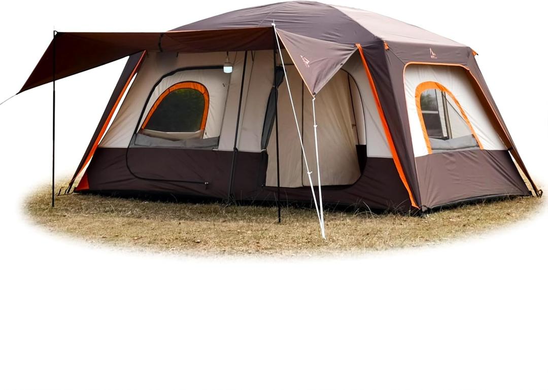 KTT Large Tent 8-10 Person, Family Cabin Tents, 2 Rooms, 2 Doors and 4 Windows with Mesh, Straight Wall, Waterproof, Double Layer, Big Tents for Outdoor, Picnic, Camping, Family Gathering(Brown)