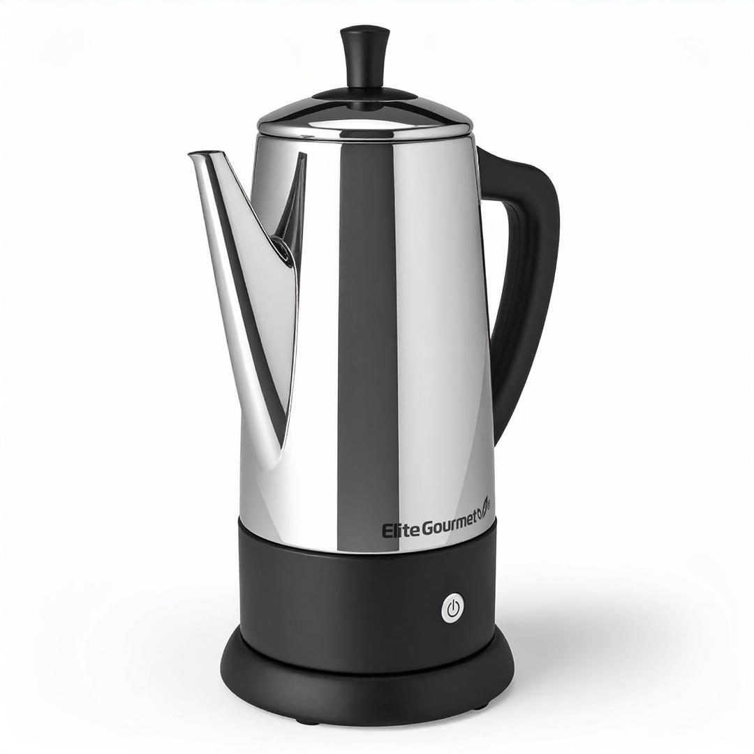 Elite Gourmet 12-Cup Electric Coffee Percolator, Dishwasher Safe Stainless-Steel Filter, Lid & Tube, Keep Warm, 360 Swivel Base Cord-less Serving, Stainless-Steel