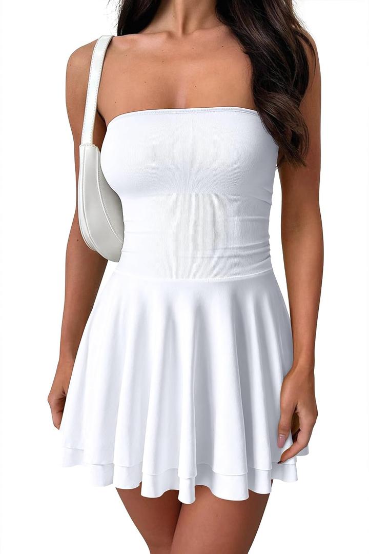 OQQ Women's Mini Dress Summer Cocktail Tube Ruched Waist Ruffle Corset Party A-line Dresses (White, XL)