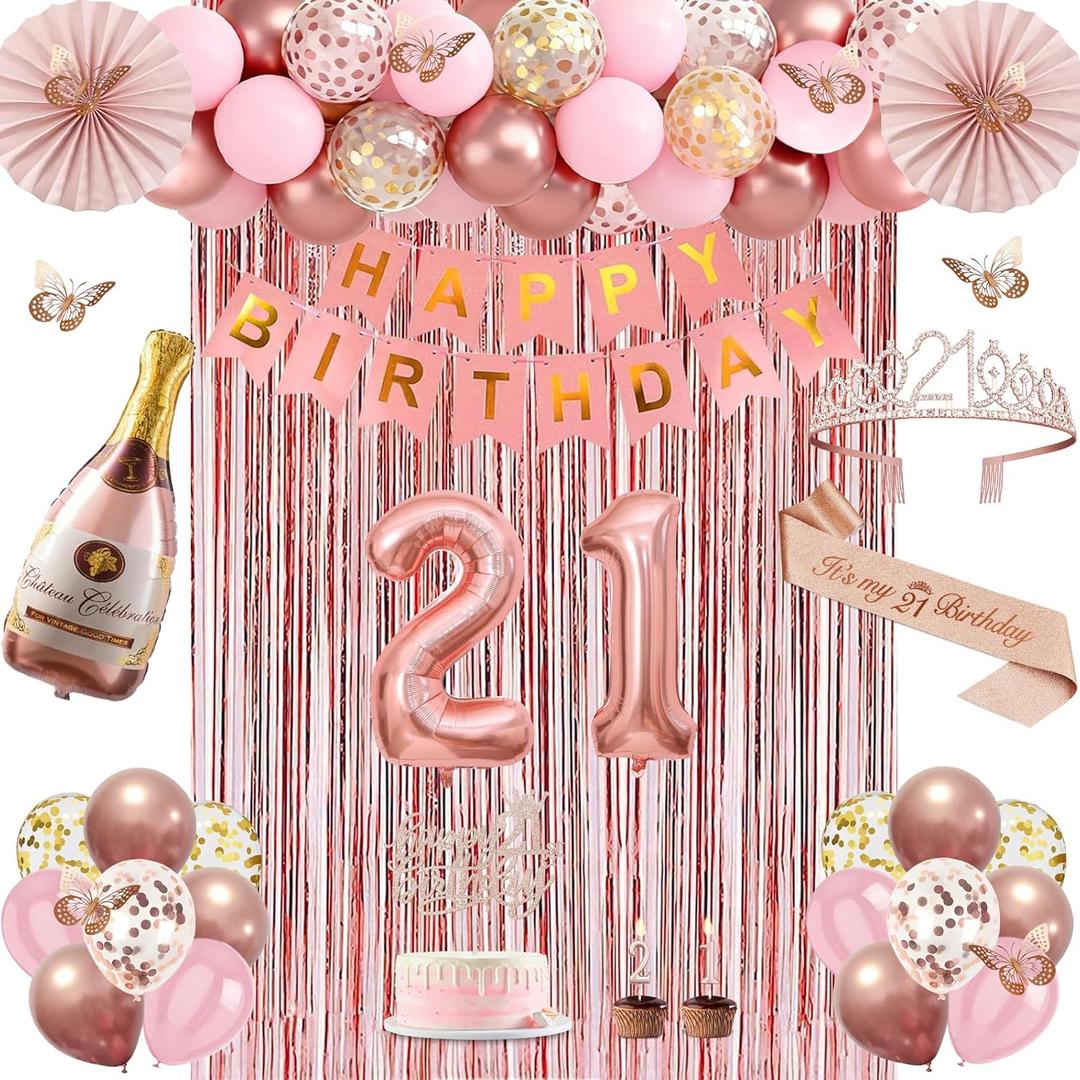 21st Birthday Decorations for Her, Rose Gold Happy 21st Birthday Decorations for Girls, 21 Sash and Crown, Banner, Fringe Curtains, Hanging Paper Fans, 21 Year Old Party Supplies Set