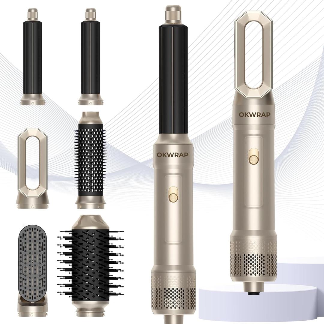 6 in ONE Blow Dryer Brush,Air Curling Iron Round Brush Blow Dryer 800W,Ionic Hair Dryer Brush for Women, Hot Air Brush Hair Styling Tools 100-120V (Champagne Gold)