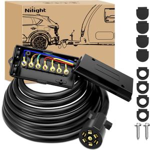 Nilight Heavy Duty 7 Way Inline Trailer Plug with 7 Gang Weatherproof Junction Box - 16 Feet Connector Cable Wiring Extension Harness Suitable for RV Automotives Cars
