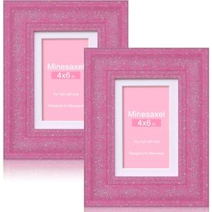 4x6 Glitter Picture Frame with Mat for 3x5, HD Real Glass Pastel Sparkle Photo Frames, Colorful Cute Fun or Unique 4 by 6 Artwork Framel for Tabletop or Wall Display Pink 2 Pack