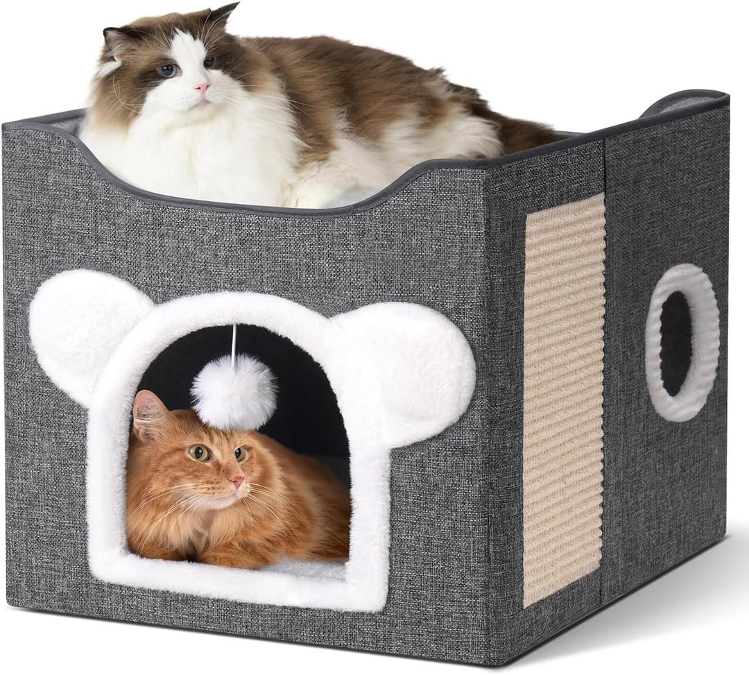 Cat Houses for Indoor Cats, Large Cat Cave with Fluffy Ball and Scratch Pad, Covered Cat Bed House, Foldable Cat Hideaway