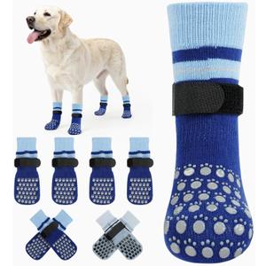 Kuoser Dog Socks, Non-Slip Dog Grip Sock for Hardwood Floors, No Twist Dog Boots & Paw Protectors 4 Pcs Anti-Scratch Hot Pavement Winter Snow Socks for Small Medium Large Senior Dogs, Blue L