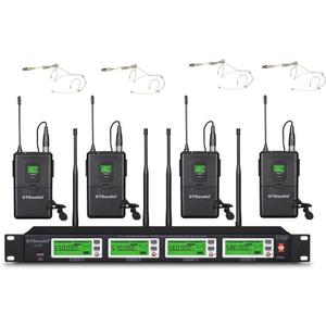 GTDaudio 4x800 Adjustable Channels UHF Diversity Wireless Cordless Microphone System with 4 Bodypacks, 4 Beige Headsets & 4 Lapels Mics, Range 450 ft, (8 Mics)