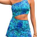 One Shoulder Swim Dress Women - Cutout Bathing Suit Dress 2025 Skirted Swimsuits (Large, Green Leaves)