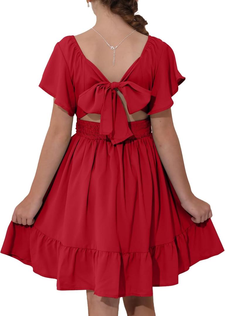 blibean Girls Summer Tie Back Dress Tween Kids Off Shoulder Dresses Size 4-15 Years (Red, XXL)