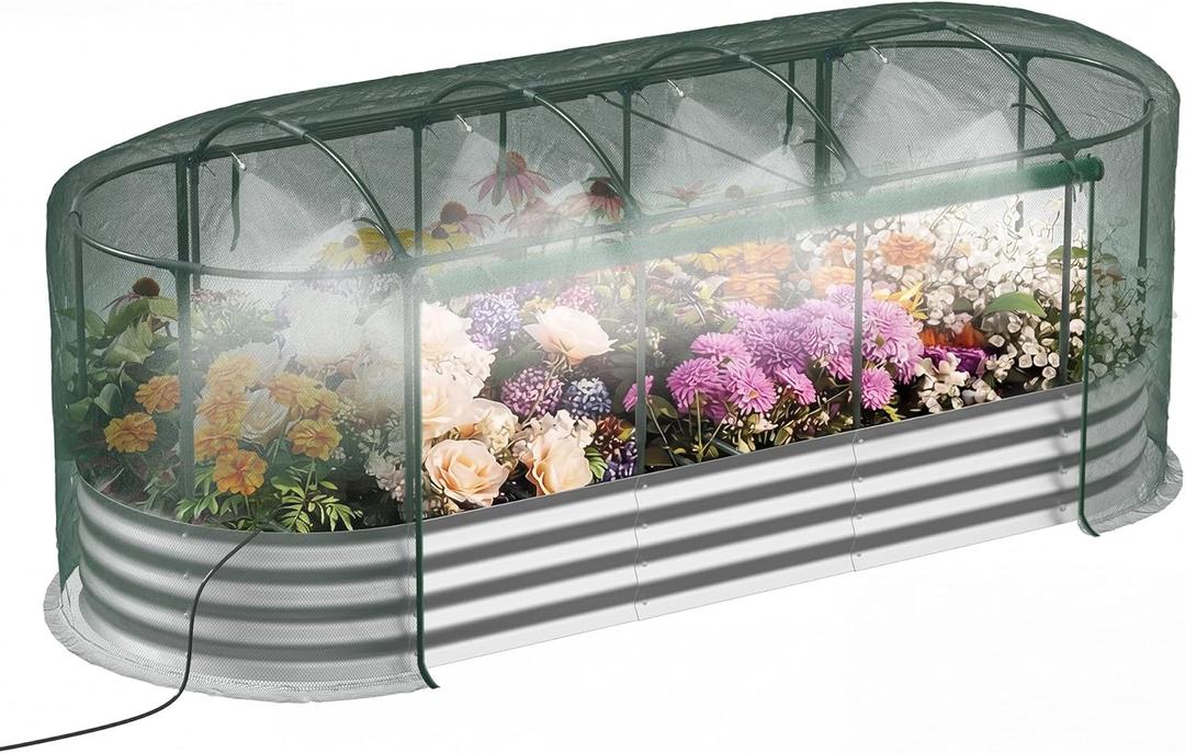 Lineware Raised Garden Bed with Self-Watering System, 8x3x1 ft Elevated Planter Boxes Outdoor with Mesh Cover, Oval Galvanized Raised Beds for Gardening,Vegetables,Flowers, Backyard, Patio