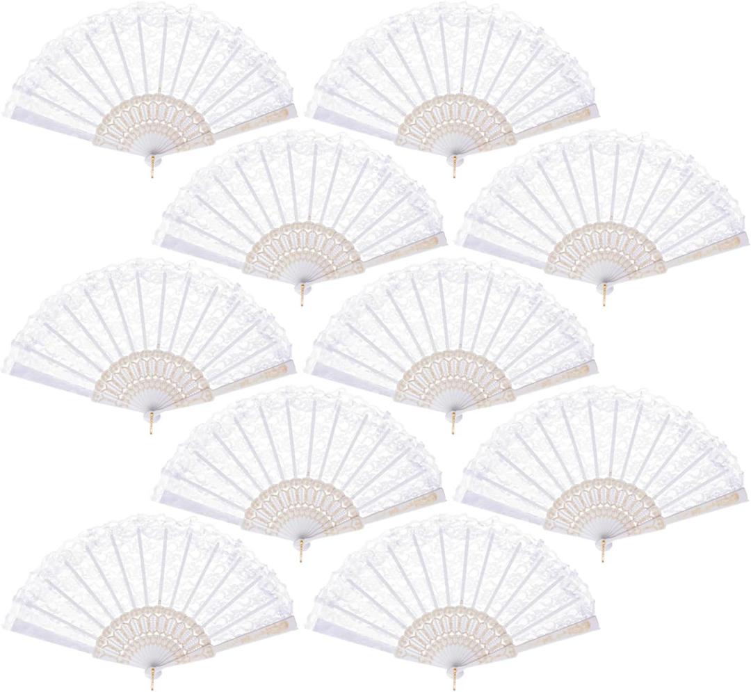 QIRMIZI 10 Pack Lace Handheld Folding Fan - Elegant Silk Fan for Women's Wedding Decoration and Dancing Party - White
