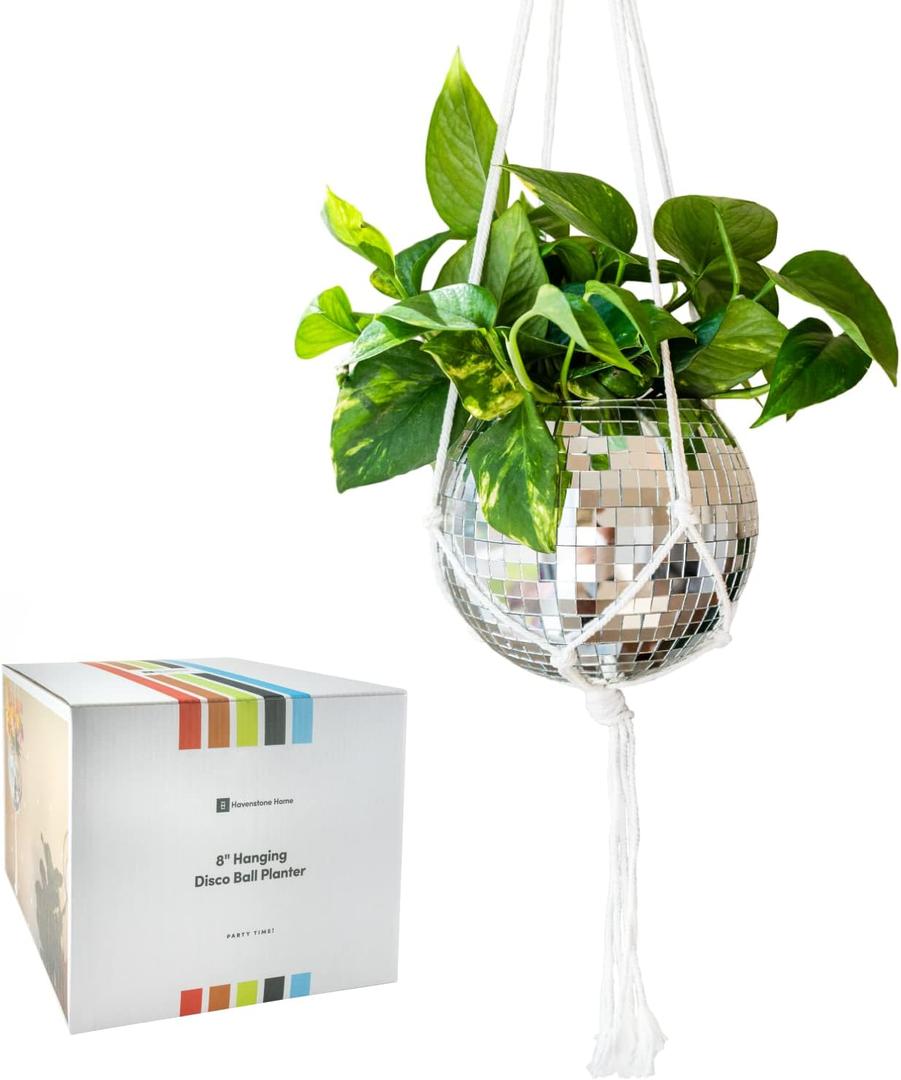 Hanging Disco Ball Planter 8" - with Acrylic Stand and Macrame Plant Hanger - Home Dcor, Room Dcor, Patio or Boho Dcor, Mirror Disco Planter, Disco Decor (8" No Base)