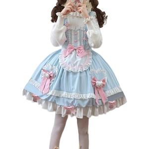 Packitcute Teens Lolita Princess Party Dress Japanese Sweet Bow Ruffle Hem High Waist A-line Sleeveless Cute Dresses Costume (Blue, Large)
