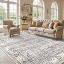 Washable Area Rug 10x14 Non-Slip Floral Carpet, Gray/Light Blue