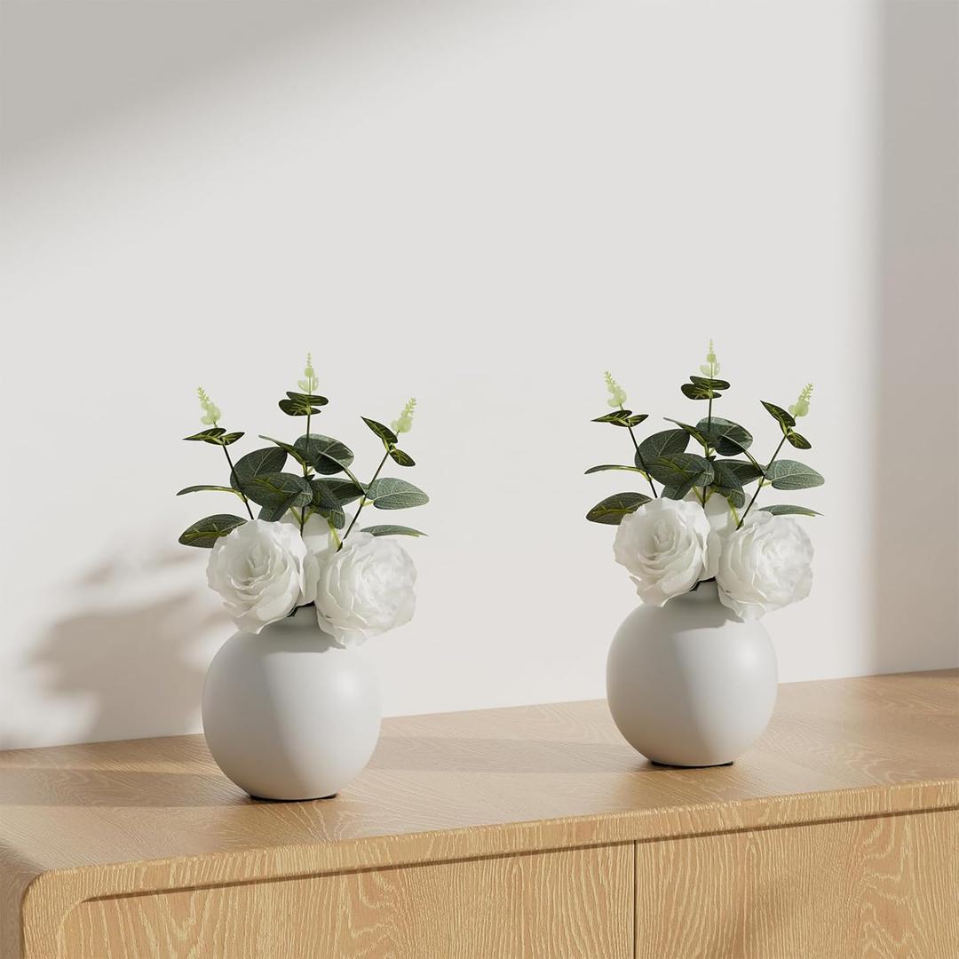 Nztze Artificial Flowers with Ceramic Vase, 2 PCS Fake Plants Combination of Six White Roses and Greenery, Small Plant Potted for Offices, Indoor, Bookshelf, Bedroom, Living Room, Wedding Decorations