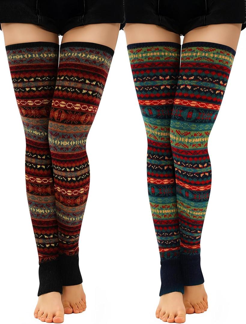 Shyyween 2 Pairs Extra Long Boho Leg Warmers for Women, 30 Inch Over Knee Bohemian Wool Knit Thigh High Leg Warmers (Navy, Black)