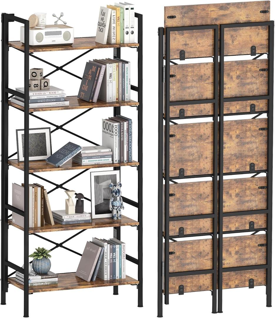 Homeiju Folding Bookshelf,5 Tier Bookcase Foldable Shelf with X-Bracket Design, Adjustable Feet, Space Saving Storage for Living Room, Office, Rustic Brown