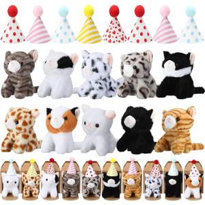 10 Set Kittens Stuffed Animals Bulk with 10 Birthday Hats 10 Kraft Paper Boxes Mini Plush Toys Small Stuffed Cat Pet Gifts for Kids, School Birthday Animal Decor(Sitting Style)