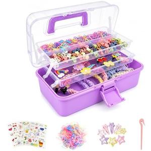 Flytreal Hair Accessories Organizer for Girls, 3 Tier Hair Supplies Storage Box with Handle, Plastic Craft Organizer Case for Hair Ties, Clips, Hair Bows, Brushes, Sewing, Art Supplies (Purple)