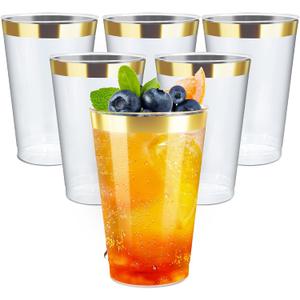 12OZ Plastic Cups with Gold Rimmed Sturdy & Food Safe Disposable Wine Glasses Weeding Party Cups Disposable Drinking Cups Plastic Cocktail Glasses for Wine, Juice & Cold Beverages [200 Pack]