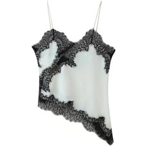 Women Y2k Satin Lace Trim Sleeveless Spaghetti Strap Cami Tops Silk V Neck Backless Asymmetrical Hem Tank Top, M