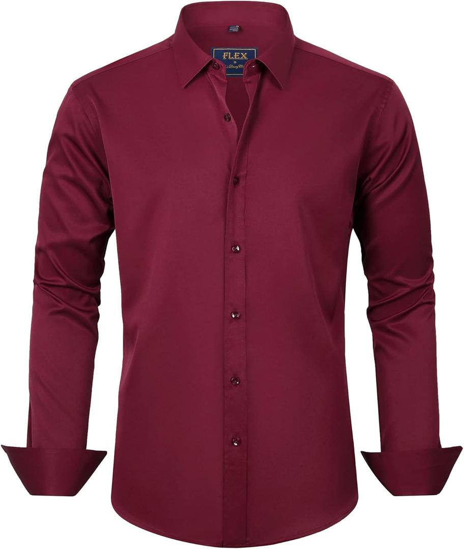 J.VER Men's Dress Shirts Solid Long Sleeve Stretch Wrinkle-Free Formal Shirt Business Casual Button Down Shirts (X-Large, Burgundy)