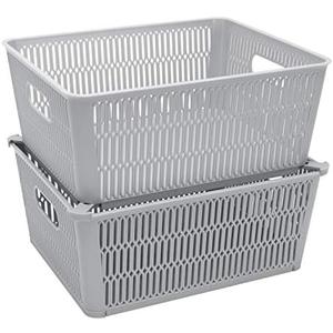 Simplify 2Pk Large Slide 2 Stack It Tote Basket | Storage & Organization | Open Bins with Stackable Capability | Bathroom | Crafts | Pantry | Playroom | Office | Grey, 9"×11"