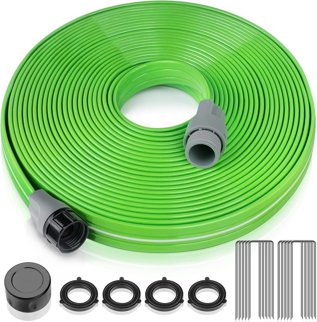 LAVEVE Heavy Duty Sprinkler Soaker Hose 75 FT, Flat Garden Hose with Holes, Efficient Flexible Irrigation Hose for Yard, Lawn and Garden, Includes Stakes