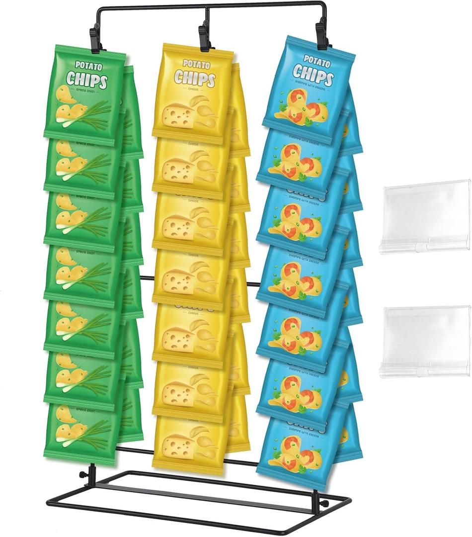 Chip Stand,Chip Rack Display Stand,Chip Stand Display for Party 3-Row 45 Clips Snack Display,Snack Retail Display Rack (Black)