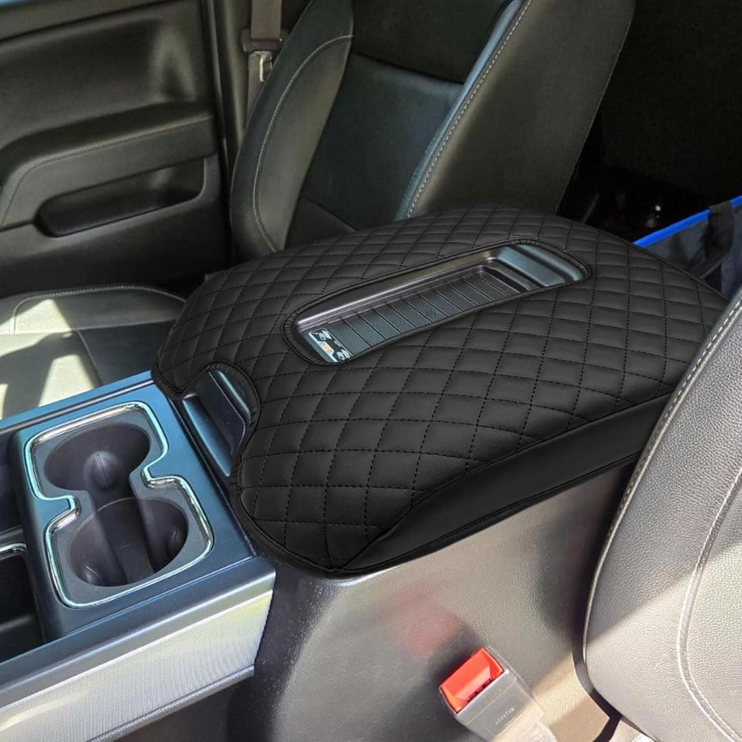 Center Console Cover for 2014-2018 Chevy Silverado/GMC Sierra 1500 2500 3500 & 2015-2020 Tahoe/Yukon/Suburban, Bucket Seat Middle Console Armrest Box Leather Protective Cover, Black