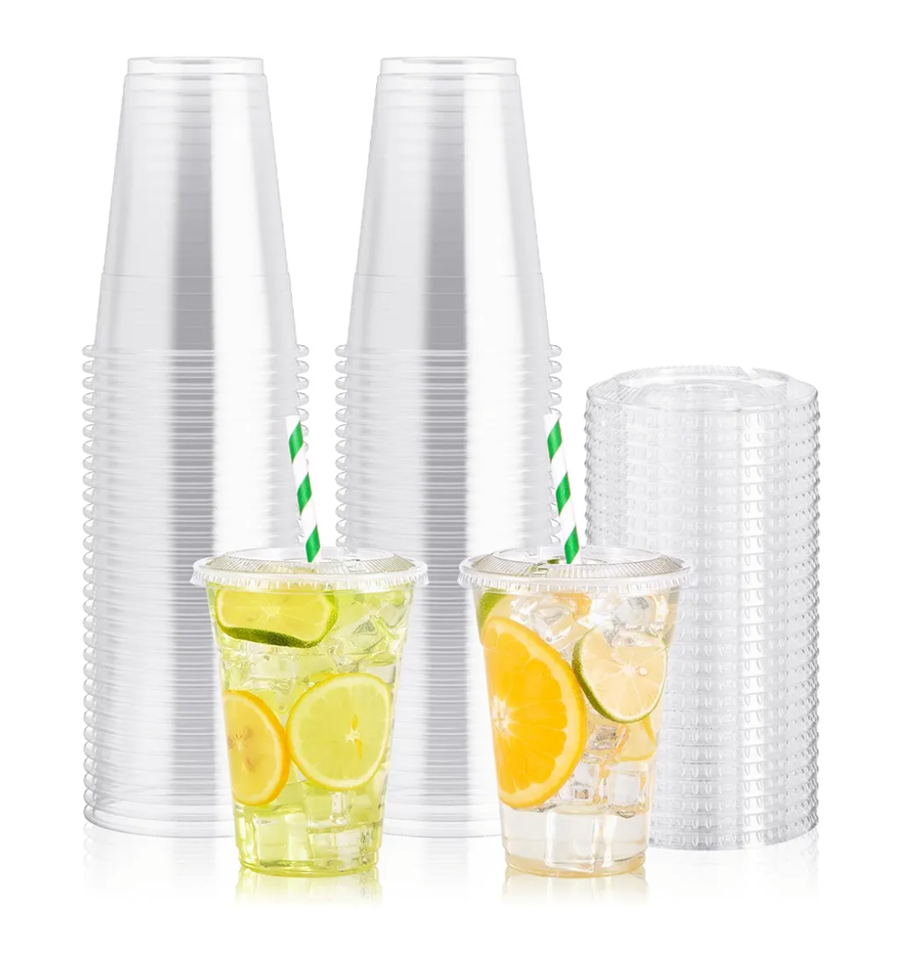 JOLLY PARTY 100Pack 16 oz Clear Plastic Cups With Flat Lids, Disposable Clear Cups with Straw Slot Lids, Crystal Clear Disposable Drinking Cup for Juice Ice Cream Milkshake Iced Coffee Cold Drink