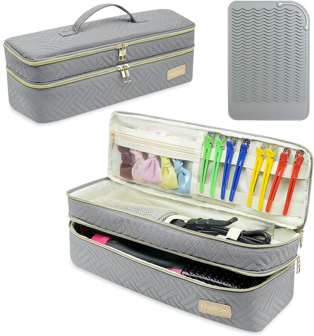 Double-layer Hair Tools Travel Bag and Heat Resistant Mat for Revlon One-Step Hair Dryer, Volumizer, Styler, Flat Irons, Straighteners, Curling Iron, and Haircare Accessories (Gray)