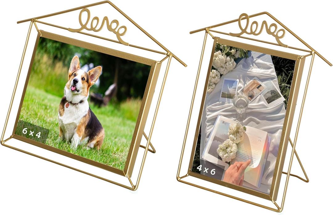 Set of 2 Small Gold Metal Floating Picture Frames One Horizontal 7x9-inch Frame for 4x6 Photos & One Vertical 9x6-inch Frame for 6x4 Photos with Easel Backs for Home and Office Decoration