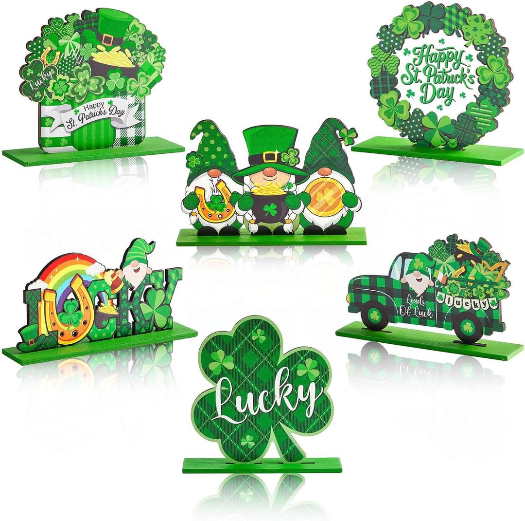 6 Pcs Wooden Table Sign Decoration Wood Tabletop Centerpiece Table Decorations for Party Farmhouse Home Tiered Tray Decor Gifts St. Patrick's Day