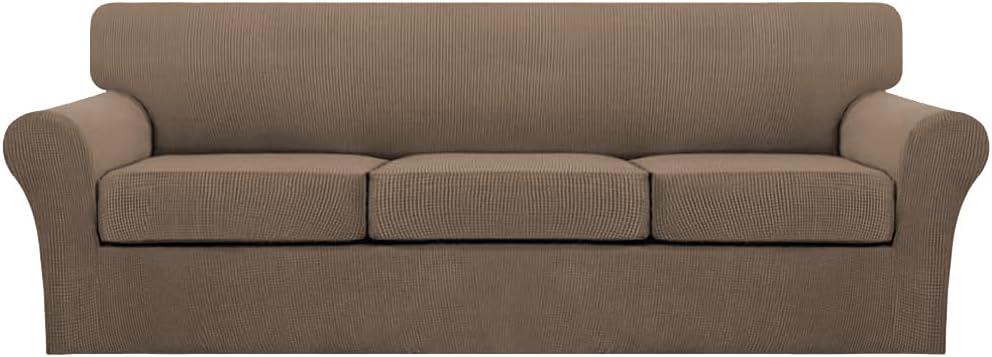 Turquoize 4 Piece Sofa Covers for 3 Cushion Couch Sofa Slipcover Soft Couch Cover for Dogs Washable Furniture Cover with 3 Individual Large Cushion Covers Feature Fabric (Large Sofa, Macchiato)