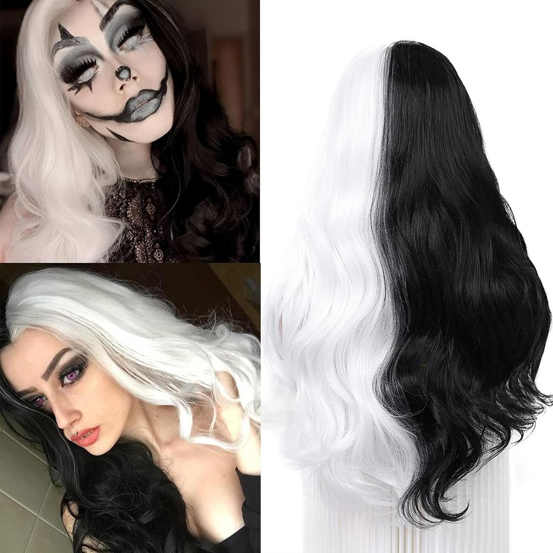 Fancy Hair Half Black Half White Long Curly Wavy Wigs Synthetic Long wavy Wig Daily Party Cosplay Wigs for Black Women 26"