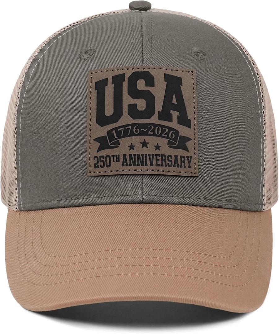 USA 250th Anniversary Hat 1776-2026, Adjustable Patriotic Trucker Hat Retro Patriotic Baseball Cap for Men Women (Brown)