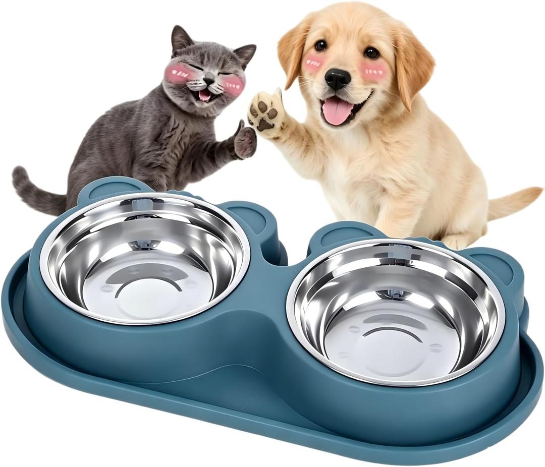 Stainless Steel Double Pet Bowls with Non-Slip Base, Detachable Dog Cat Food and Water Feeder Set, Anti-Spill & Easy to Clean Pet Feeding Bowls for Small Dogs & Cats
