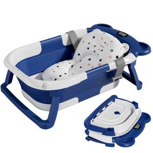 TPN Collapsible Baby Bathtub for Infants to Toddler with Real-time Temp Monitor+Floating Cushion,Foldable Baby Bath Tub Set Applicable 0-36 Month,Perfect Portable Travel Baby Tub for Newborns Boy (Dark Blue)