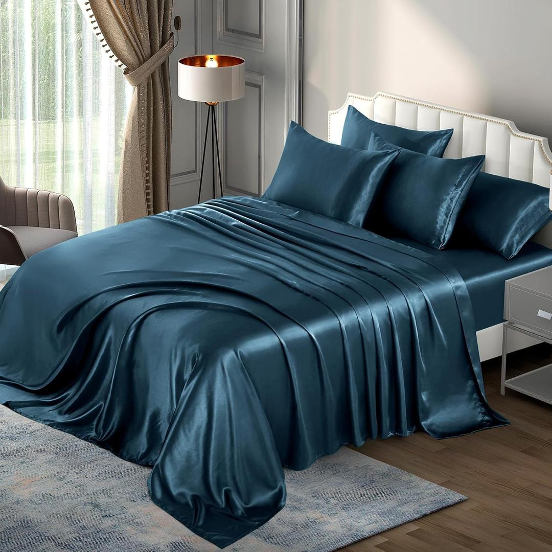 P Pothuiny 6 Pieces Queen Satin Sheets Luxury Silky Navy Blue Satin Bedding Sheet Set, 1 Deep Pocket Fitted Sheet + 1 Flat Sheet + 4 Pillow Cases