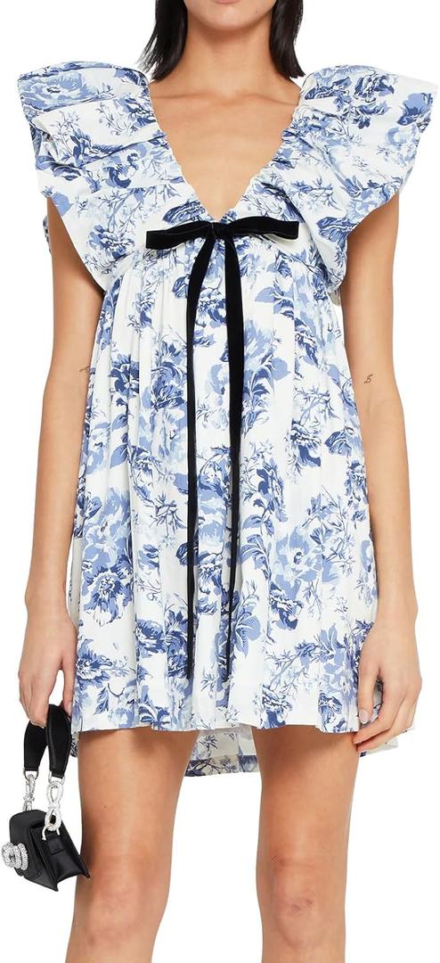 hibshaby Women's Floral Print Mini Dress V Neck Puff Sleeve Dress Short Babydoll Bow Dress, S