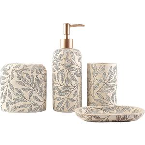 Hymmah Bathroom Accessories Set,Toothbrush Holder,Farmhouse Bathroom Decor,4 Pcs Resin Gift Set Apartment Necessities, Contain Toothbrush Cup,Soap Dispenser,Soap Dish,Tumbler (Leaf Grey Yellow)