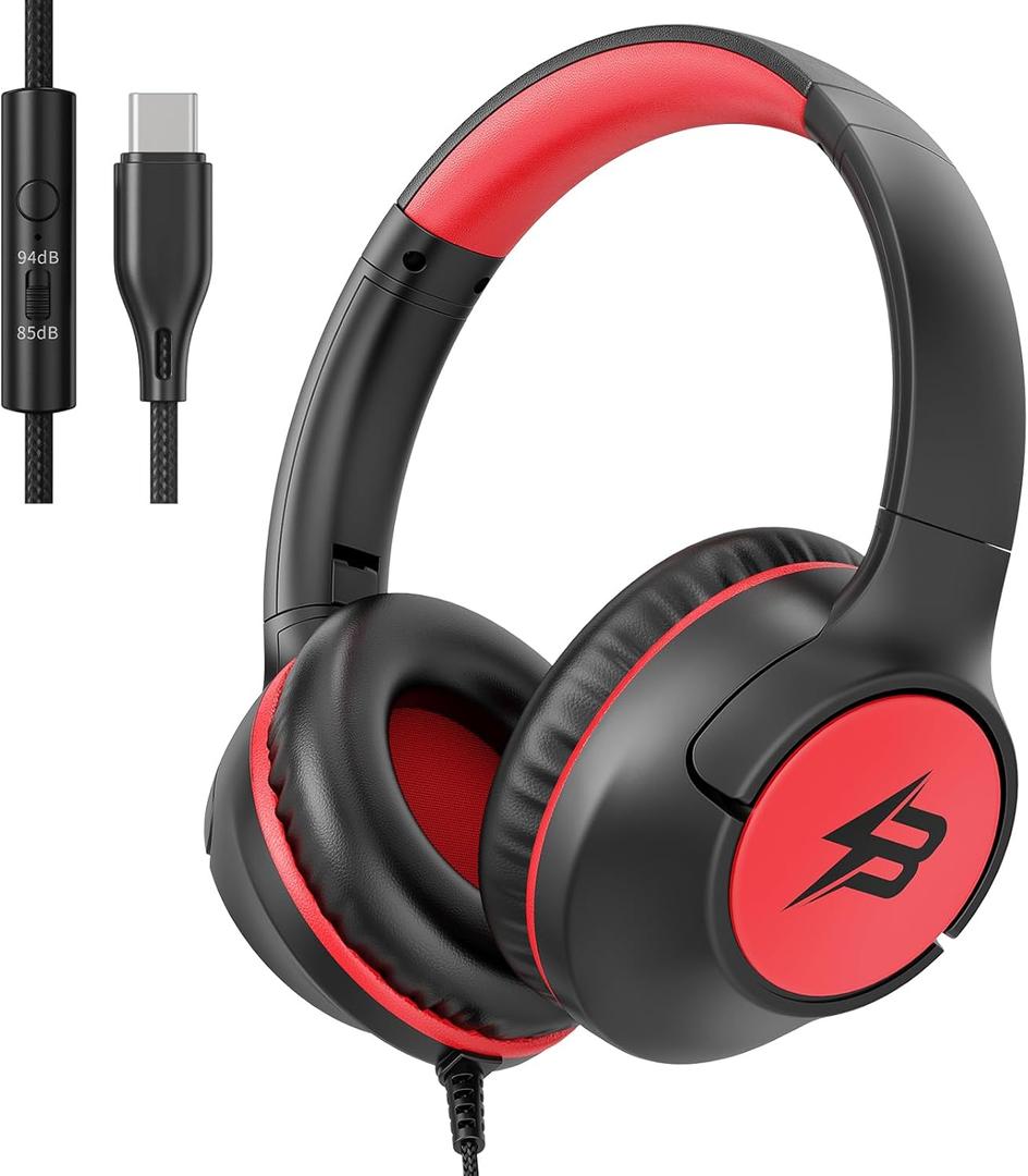 Kids Headphones Wired with USB C Plug, 85/94 dB Volume Limit Foldable USB Type C Headphones for Kids Boys Girls, Plug in Headphones Corded Over Ear Wired Headphones for School/Tablet/Travel, Black Red