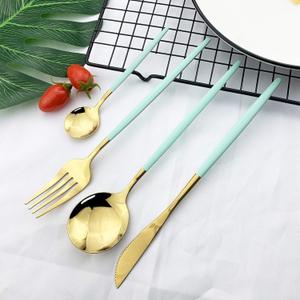 JASHII Flatware Serving Set 8 Piece, Stainless Steel Silverware Set, Mint Green Gold Cutlery, Modern Elegant Tableware for Party, Christmas, Dinner