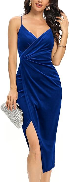 Missufe Women's Sleeveless Spaghetti Strap Wrap V Neck Bodycon Ruched Slit Midi Party Cocktail Velvet Dress (Large, Bright Red)